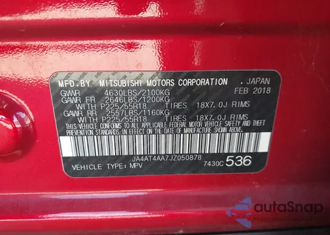 2018 Mitsubishi Eclipse Cross Le из США, поврежденный, VIN JA4AT4AA7JZ050878